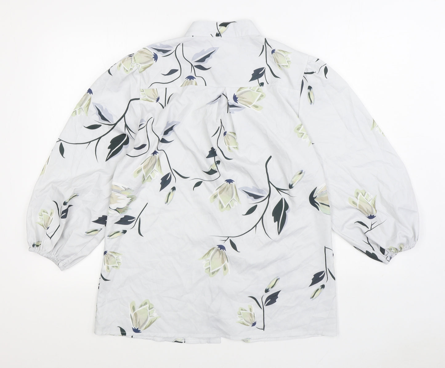 Preworn Womens Grey Floral Cotton Basic Blouse Size M Round Neck