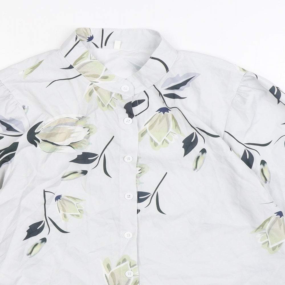 Preworn Womens Grey Floral Cotton Basic Blouse Size M Round Neck