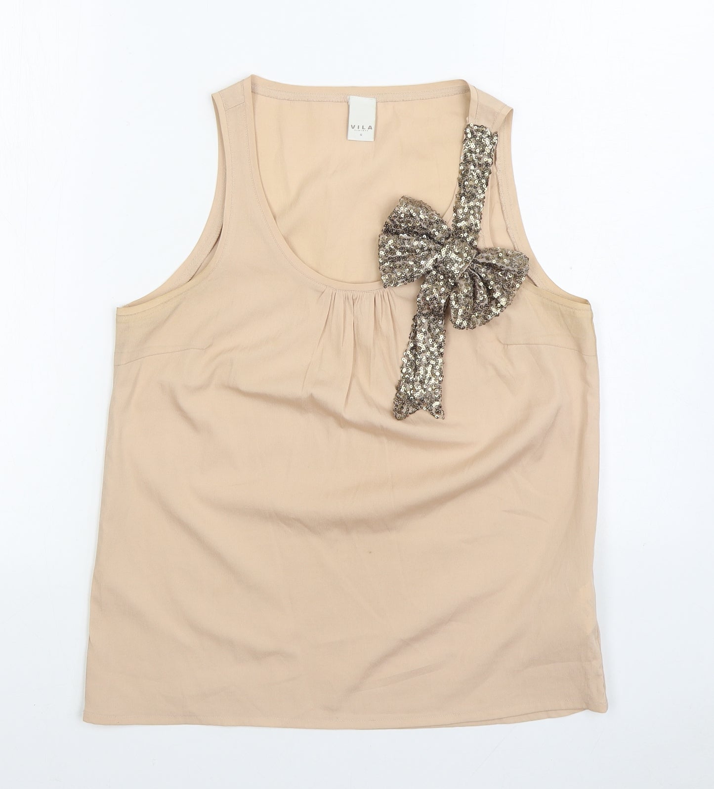 VILA Womens Beige Polyester Basic Blouse Size S Scoop Neck