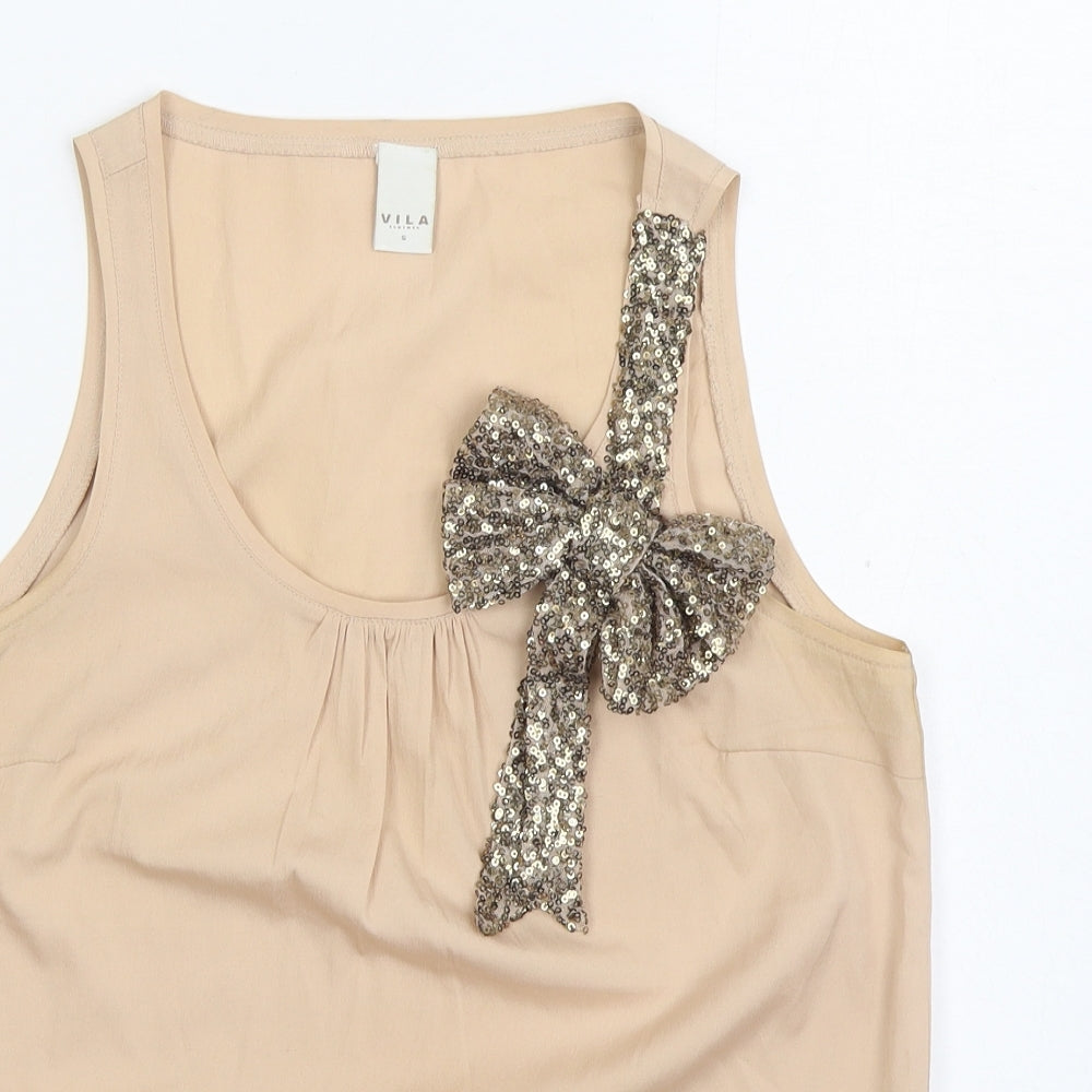 VILA Womens Beige Polyester Basic Blouse Size S Scoop Neck