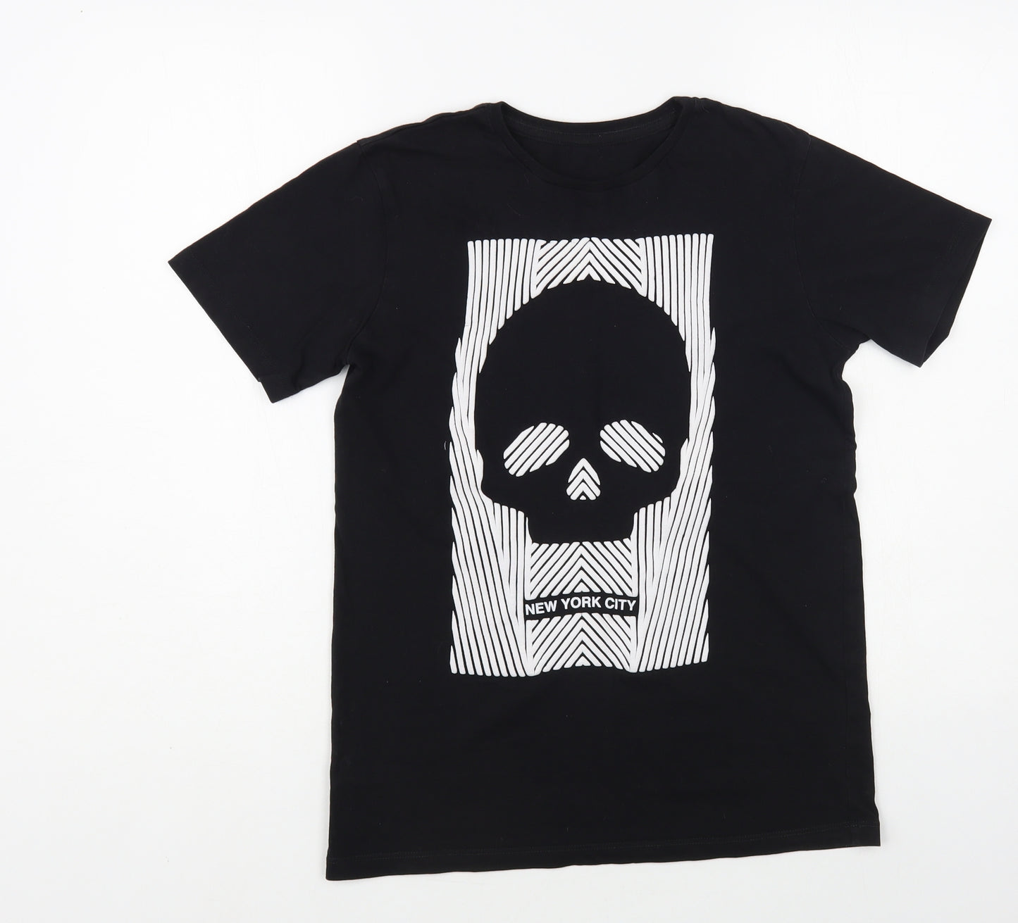 Preworn Boys Black Cotton Pullover T-Shirt Size 12-13 Years Crew Neck Pullover - Skull