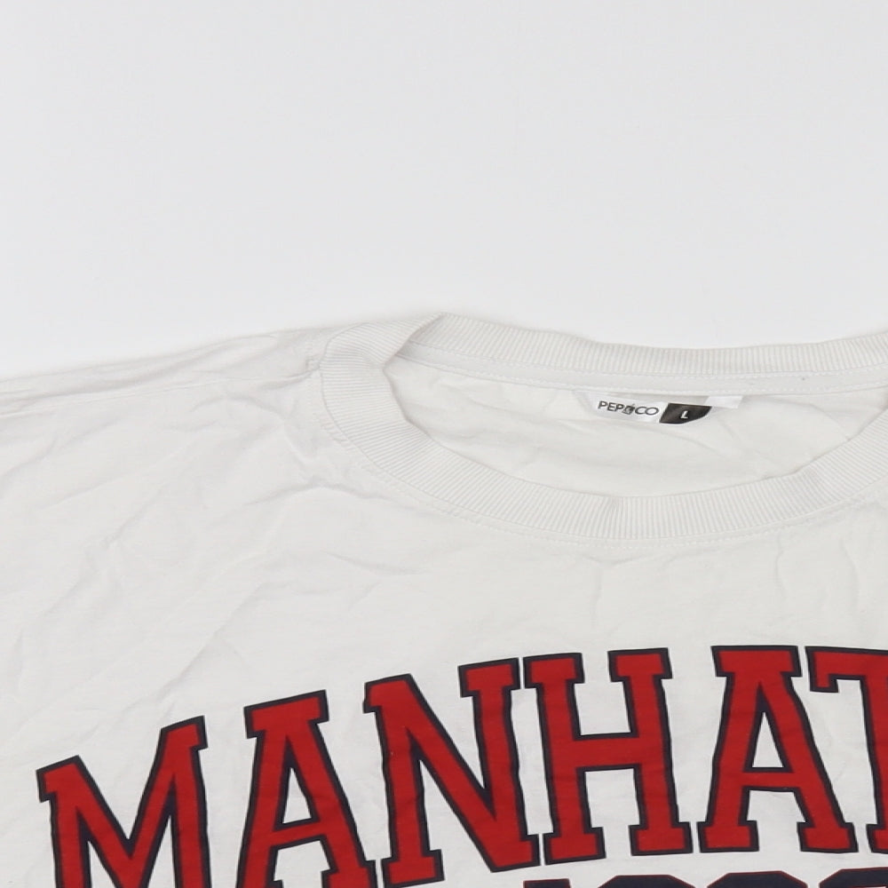 PEP&CO Womens White Cotton Cropped T-Shirt Size L Crew Neck - Manhattan