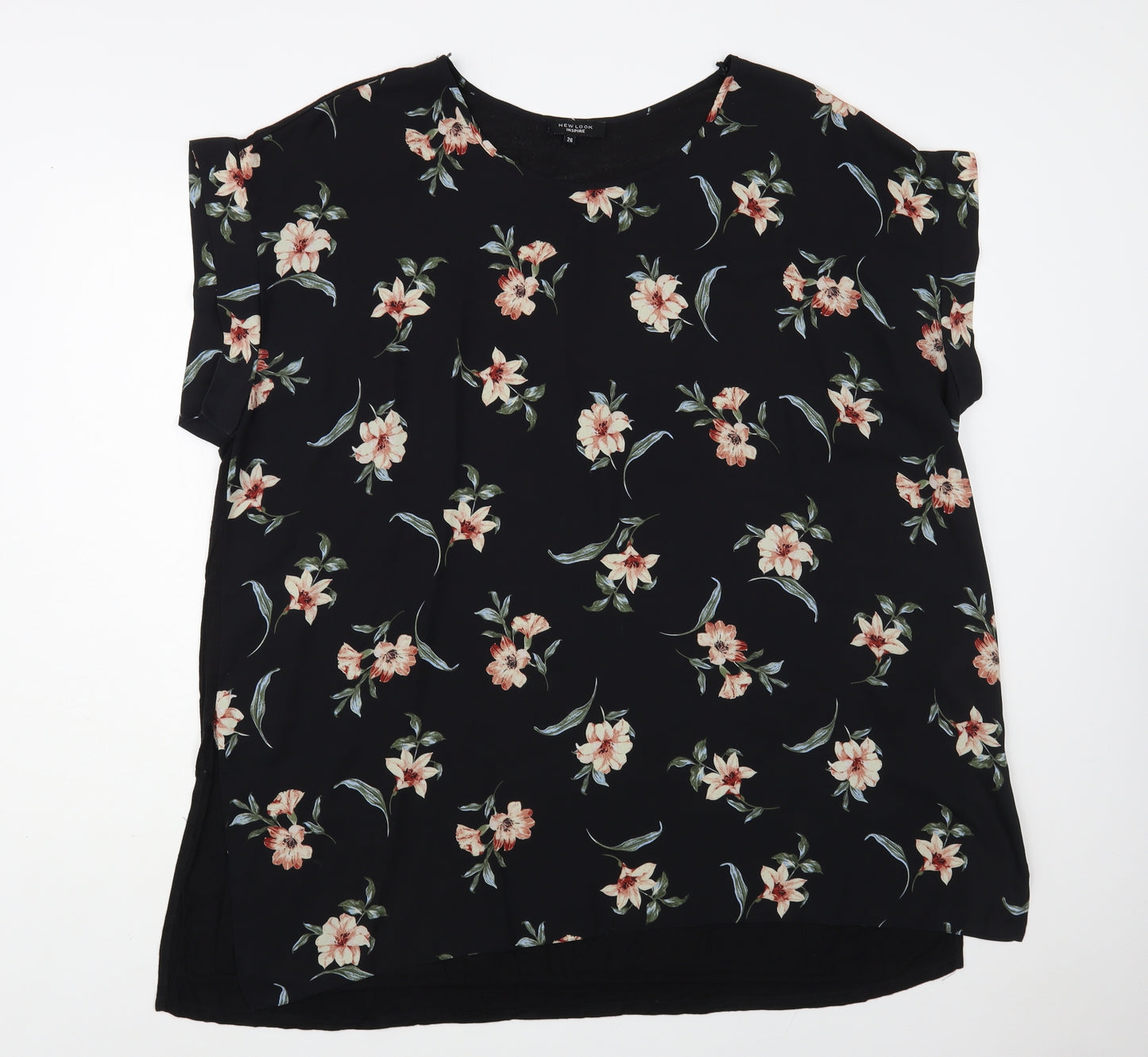 New Look Womens Black Floral Polyester Basic Blouse Size 26 Boat Neck