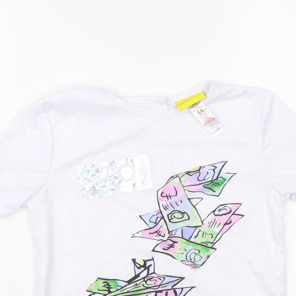 George Girls White Polyester Pullover T-Shirt Size 7-8 Years Crew Neck Button - David Walliams