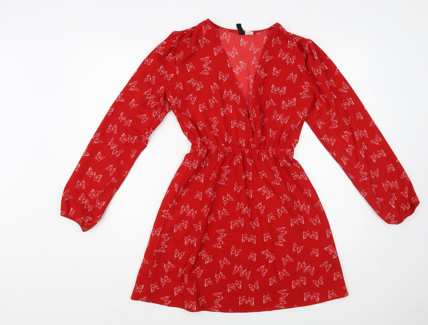H&M Womens Red Geometric Polyester Fit & Flare Size XS V-Neck Pullover - Butterfly Print