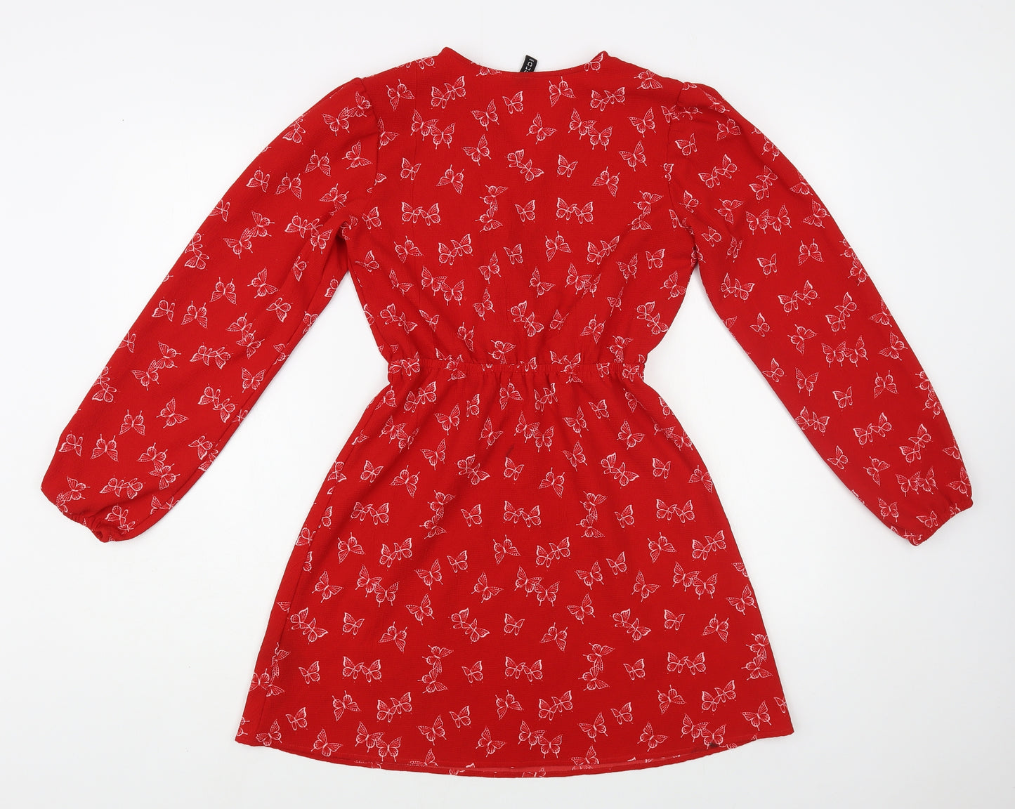 H&M Womens Red Geometric Polyester Fit & Flare Size XS V-Neck Pullover - Butterfly Print