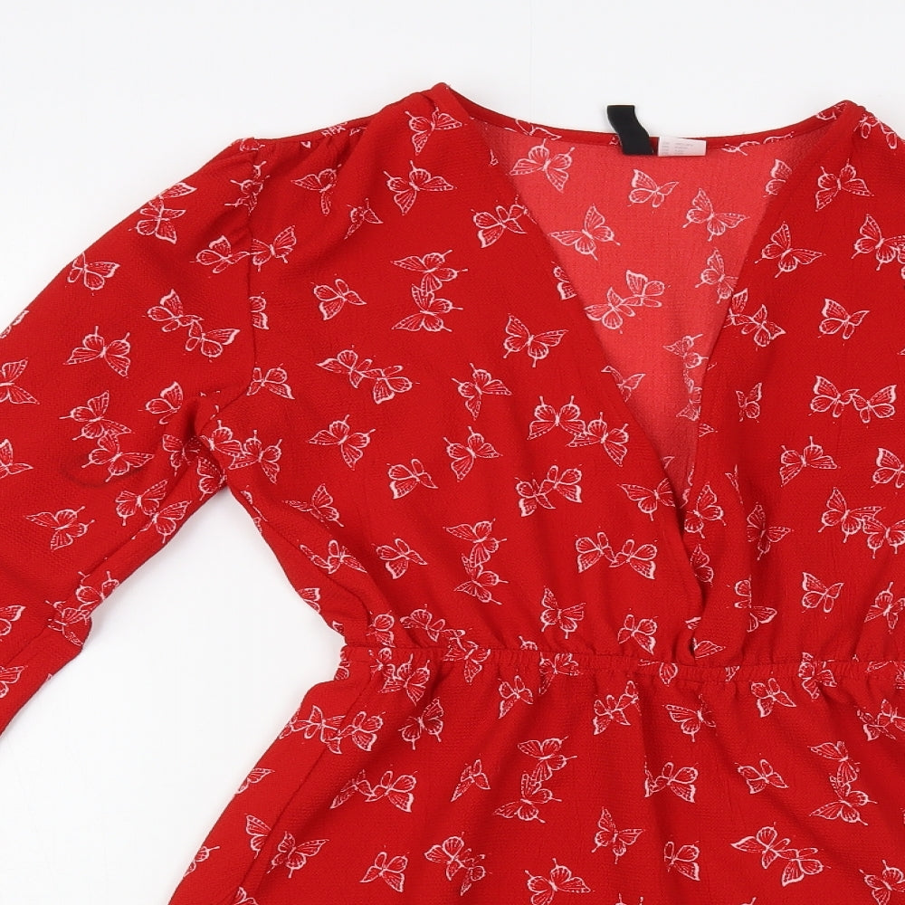H&M Womens Red Geometric Polyester Fit & Flare Size XS V-Neck Pullover - Butterfly Print