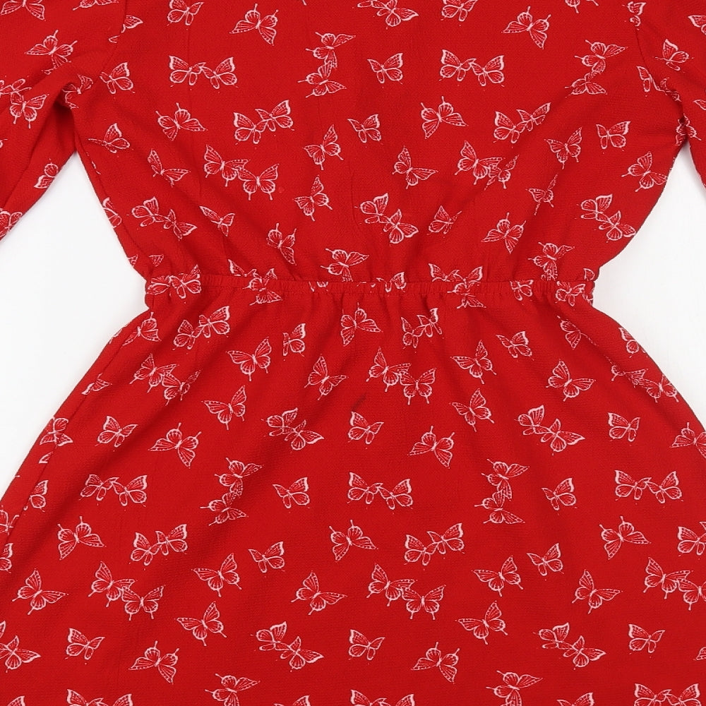 H&M Womens Red Geometric Polyester Fit & Flare Size XS V-Neck Pullover - Butterfly Print