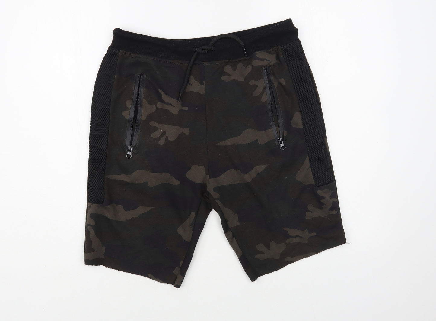 PEP&CO Mens Black Camouflage Cotton Sweat Shorts Size S L10 in Regular Drawstring