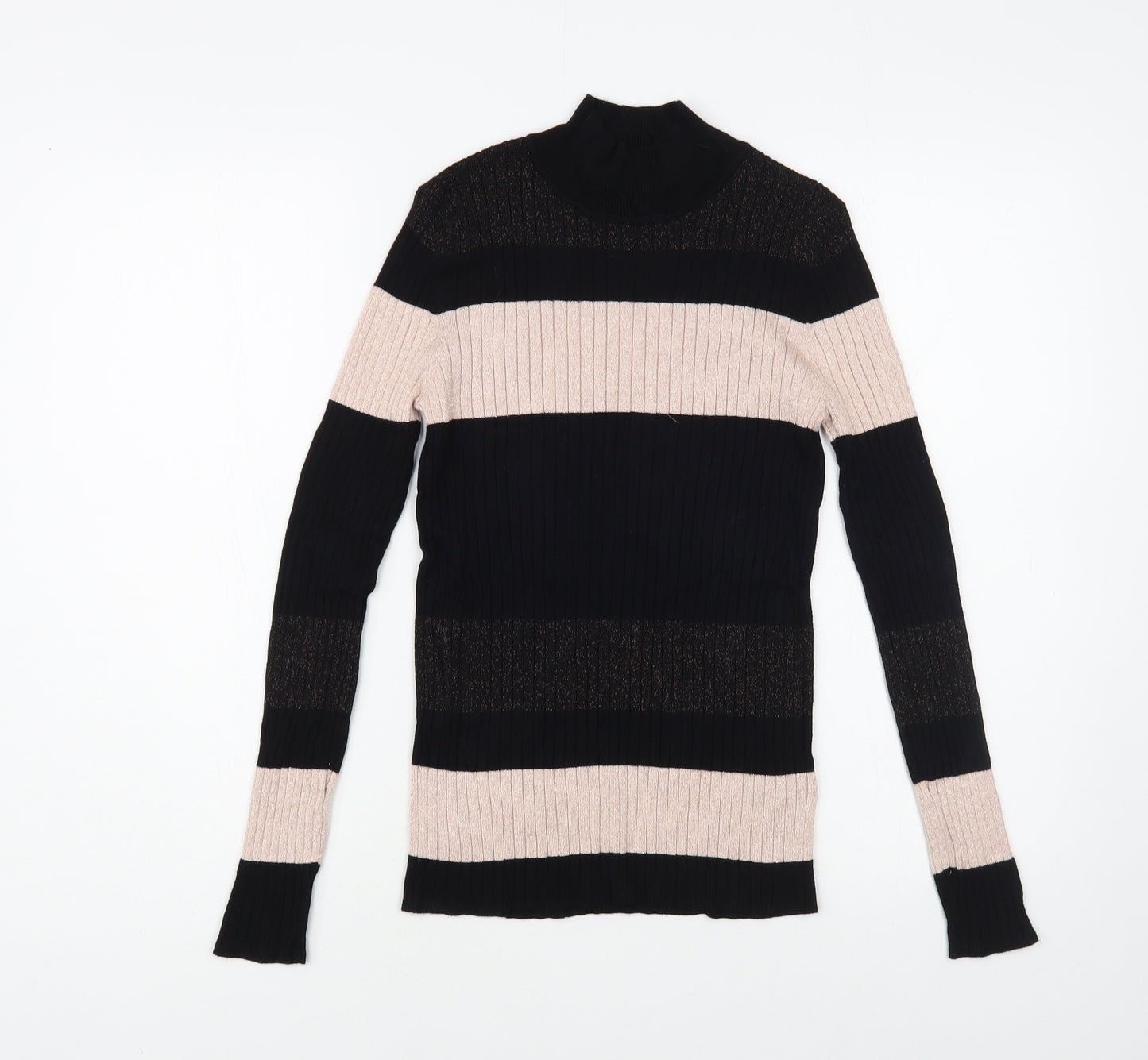 TU Womens Black Mock Neck Striped Viscose Pullover Jumper Size 10