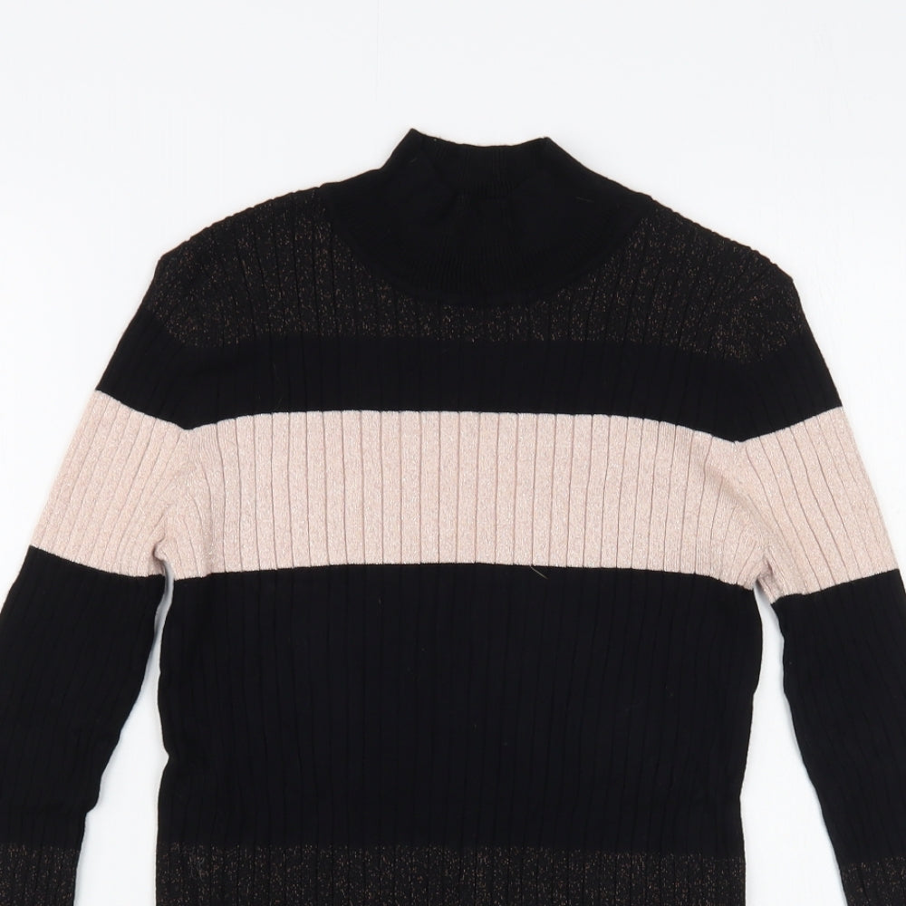 TU Womens Black Mock Neck Striped Viscose Pullover Jumper Size 10