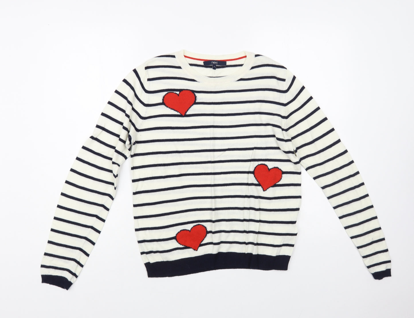 NEXT Womens White Crew Neck Striped Acrylic Pullover Jumper Size 8 - Hearts
