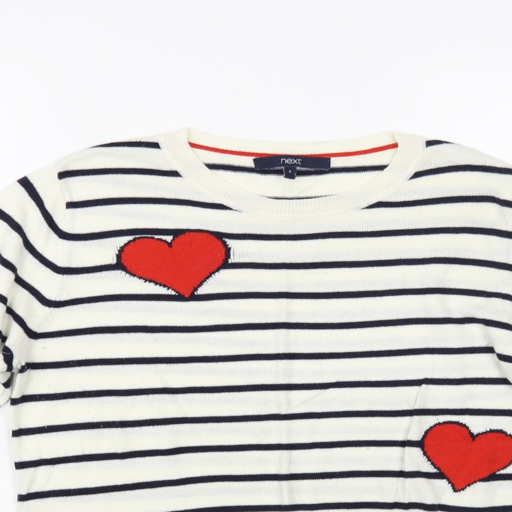 NEXT Womens White Crew Neck Striped Acrylic Pullover Jumper Size 8 - Hearts