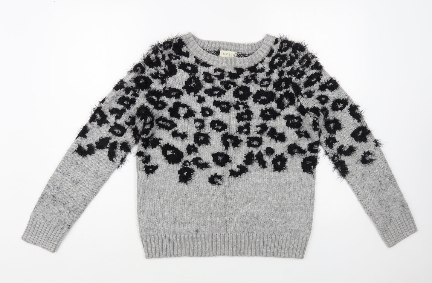 Marks and Spencer Womens Grey Boat Neck Animal Print Polyamide Pullover Jumper Size 8