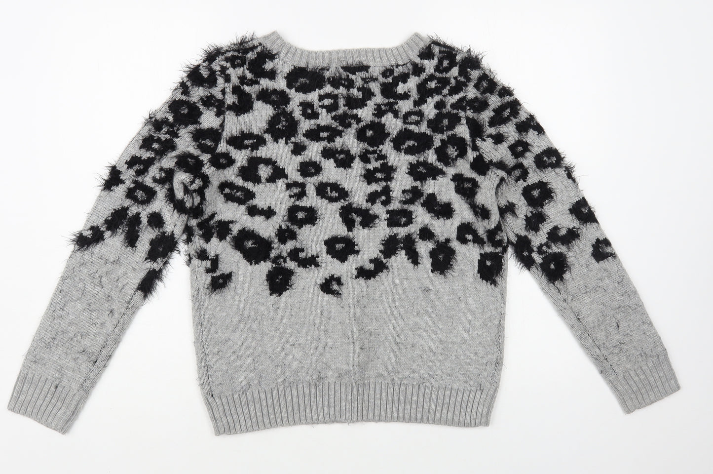 Marks and Spencer Womens Grey Boat Neck Animal Print Polyamide Pullover Jumper Size 8