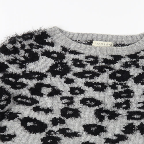Marks and Spencer Womens Grey Boat Neck Animal Print Polyamide Pullover Jumper Size 8