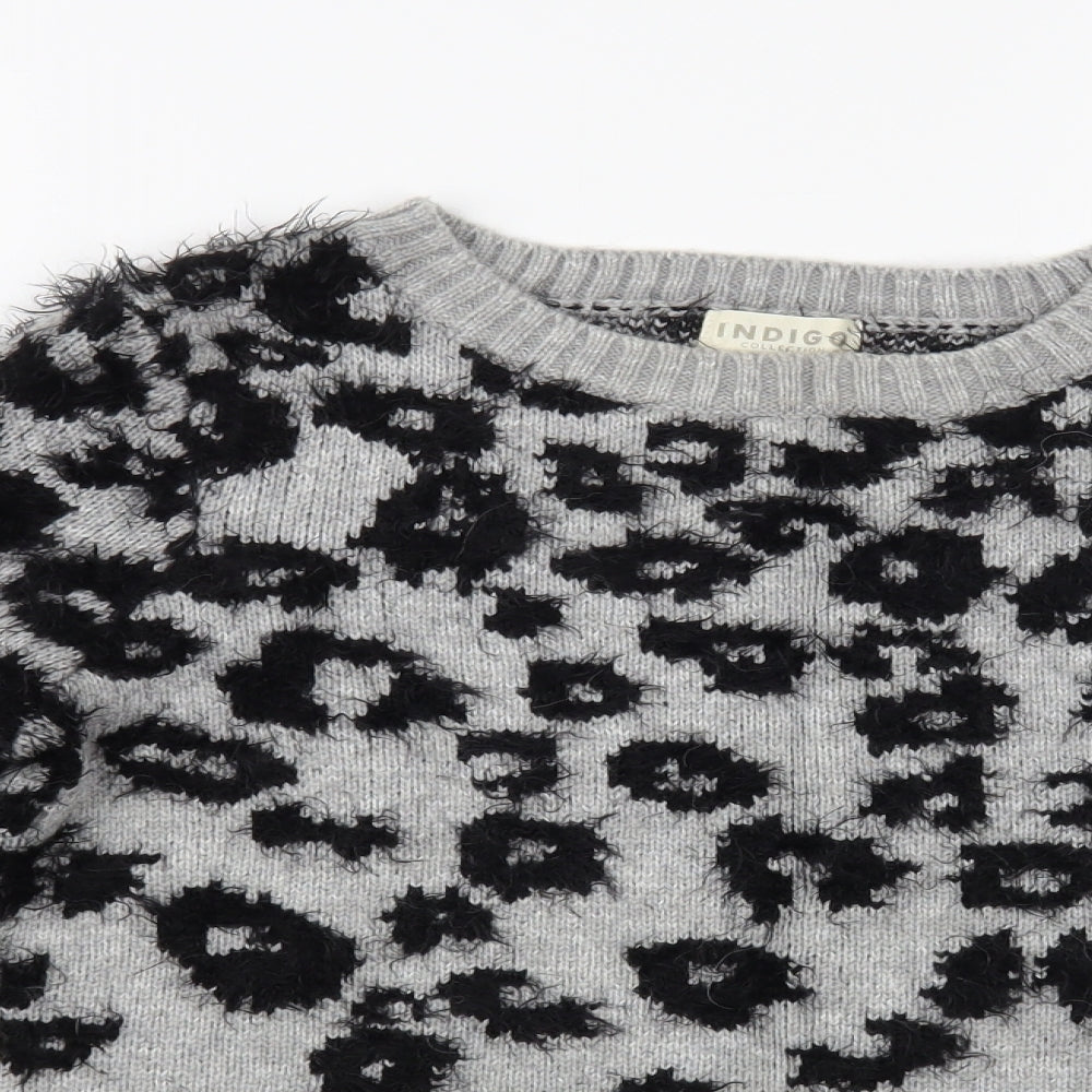 Marks and Spencer Womens Grey Boat Neck Animal Print Polyamide Pullover Jumper Size 8