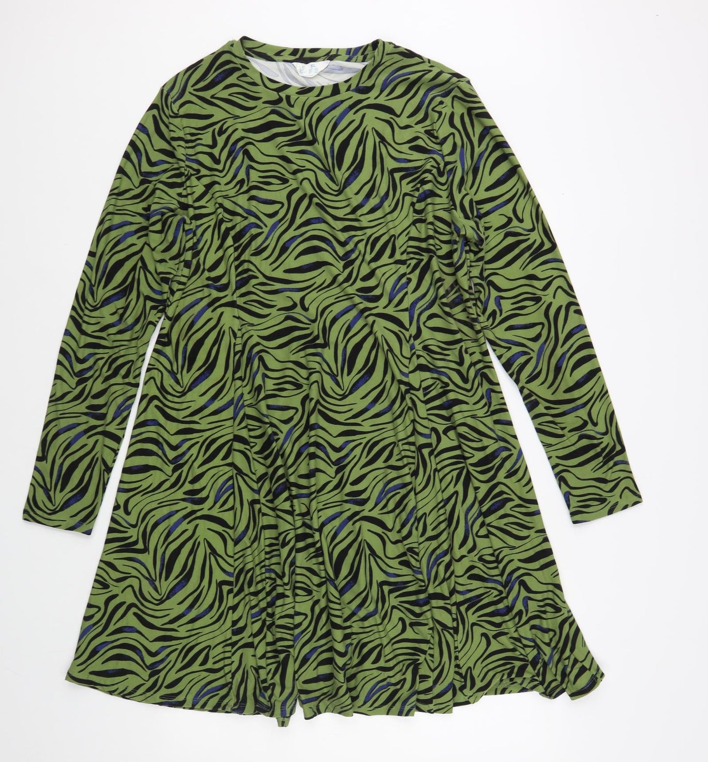Primark Womens Green Animal Print Polyester Skater Dress Size XL Crew Neck Pullover