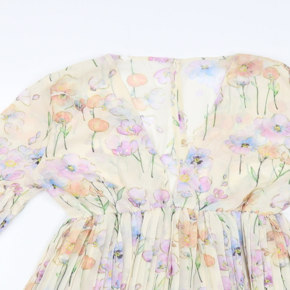 SheIn Womens Brown Floral Polyester Fit & Flare Size L V-Neck Button