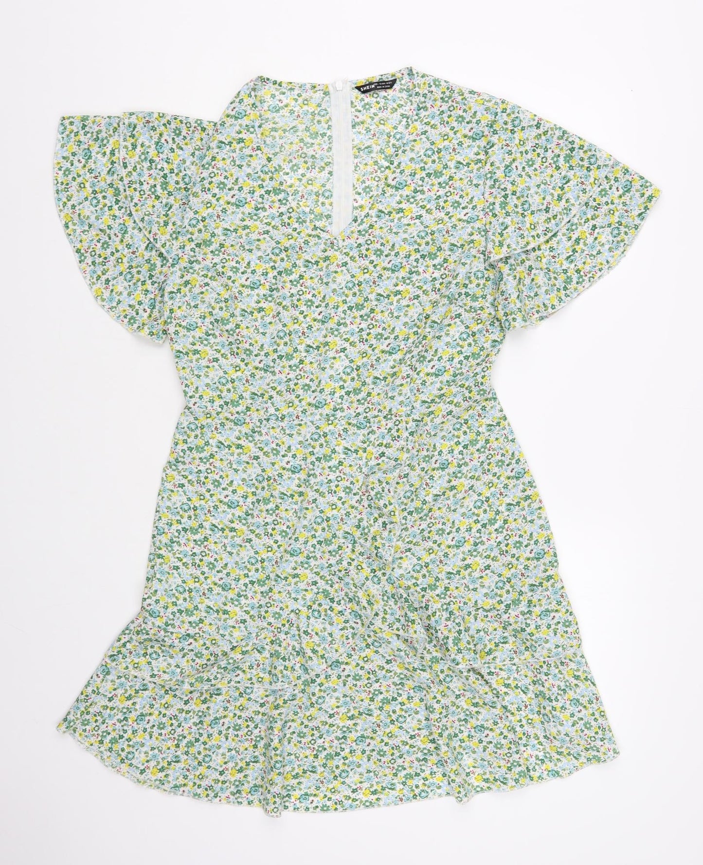 SheIn Womens Green Floral Polyester Fit & Flare Size L V-Neck Zip