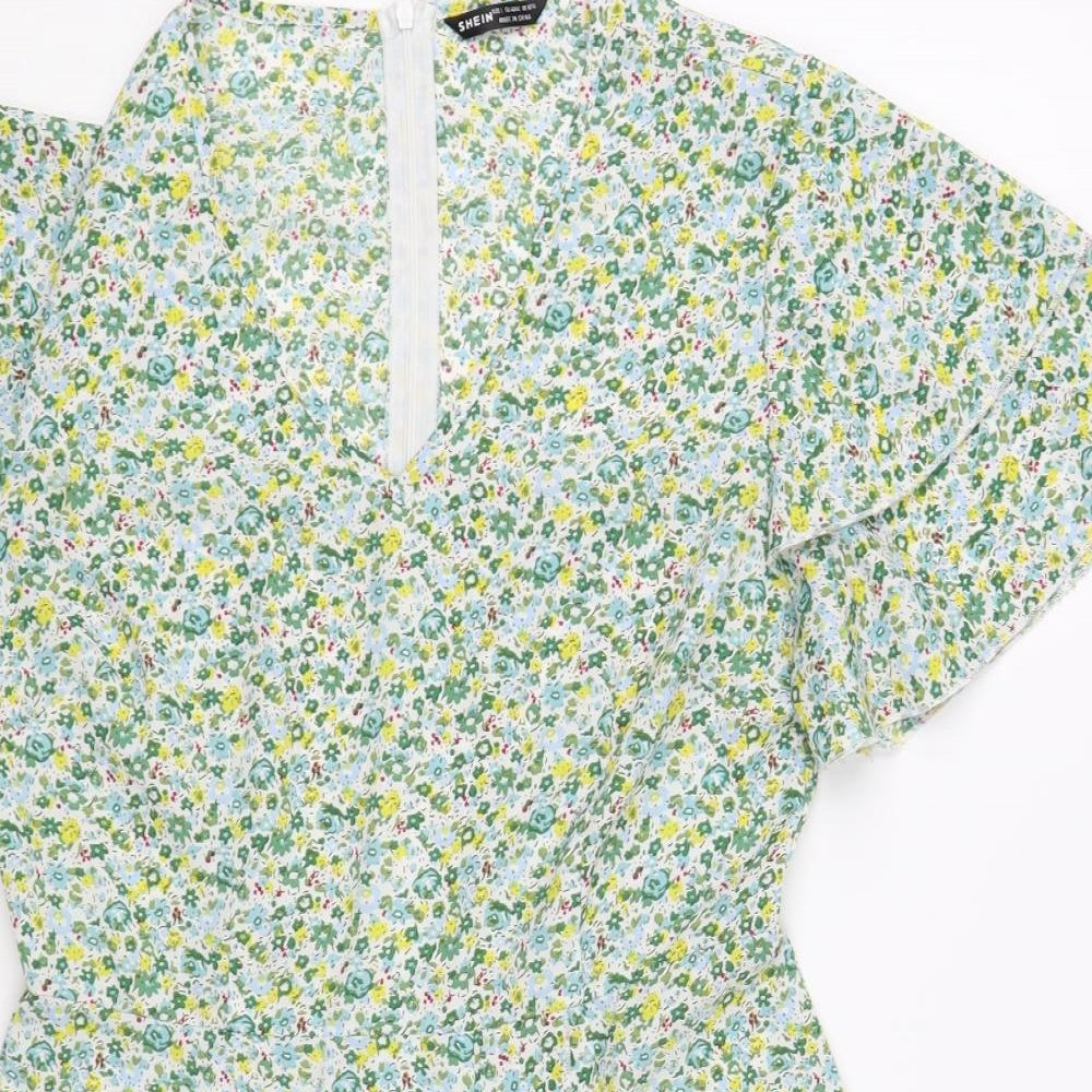 SheIn Womens Green Floral Polyester Fit & Flare Size L V-Neck Zip