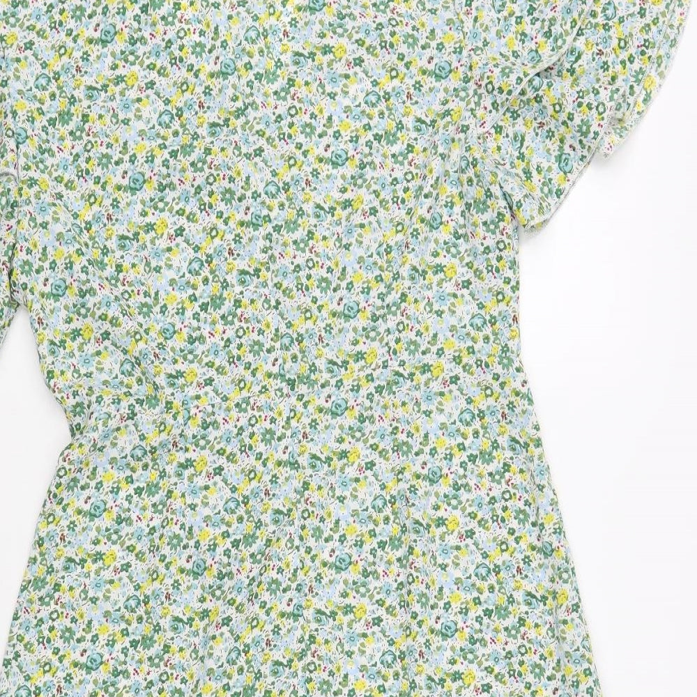 SheIn Womens Green Floral Polyester Fit & Flare Size L V-Neck Zip
