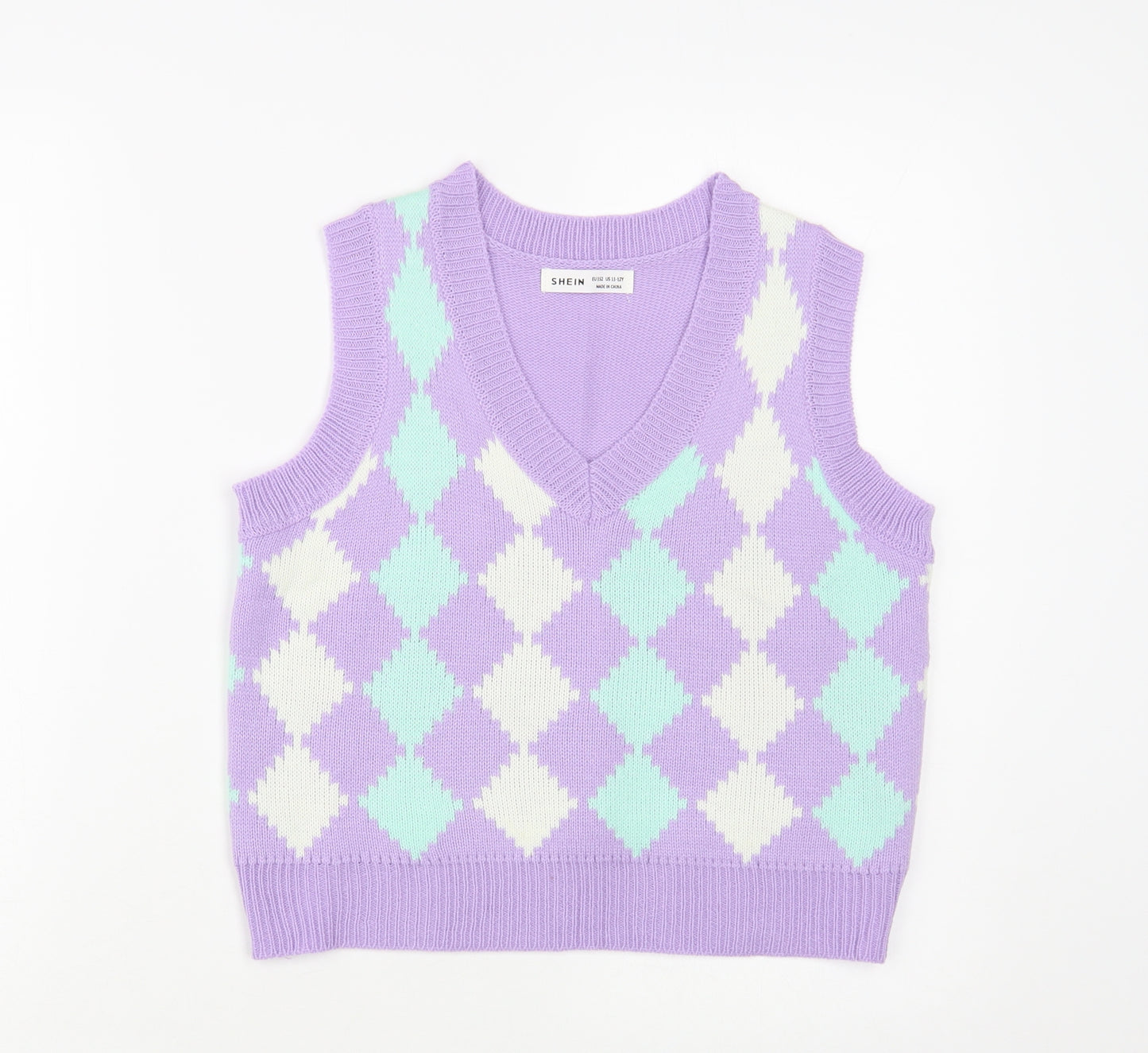 SheIn Girls Purple V-Neck Argyle/Diamond Acrylic Vest Jumper Size 11-12 Years Pullover