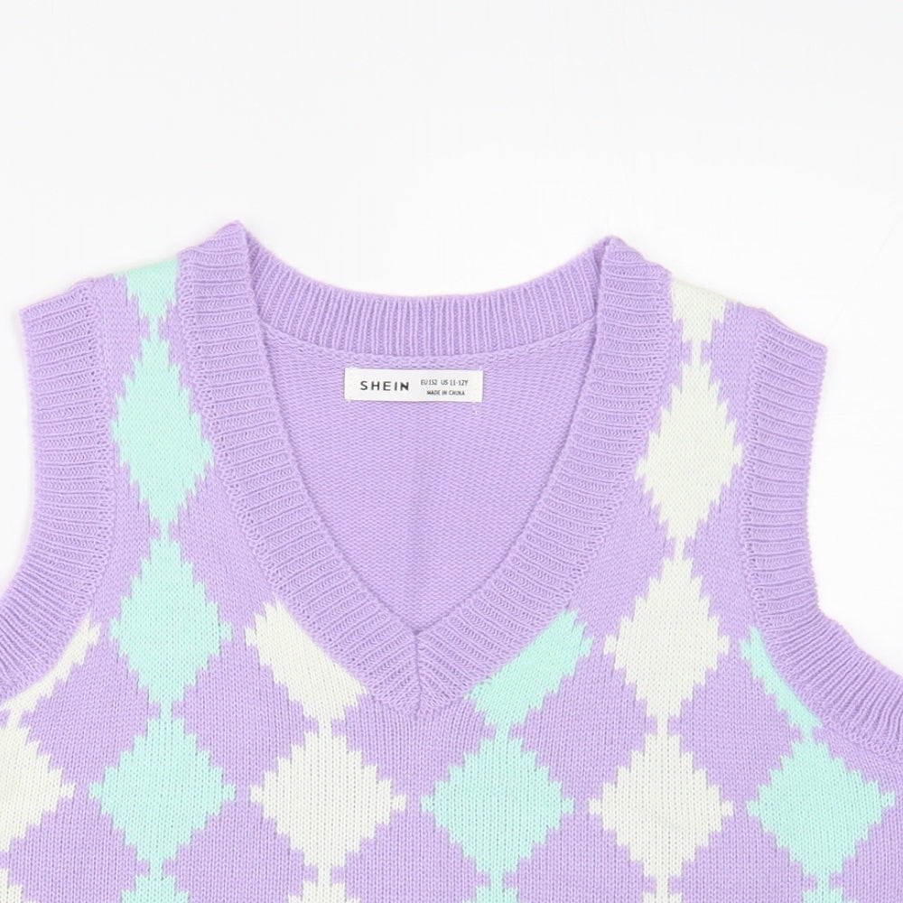 SheIn Girls Purple V-Neck Argyle/Diamond Acrylic Vest Jumper Size 11-12 Years Pullover