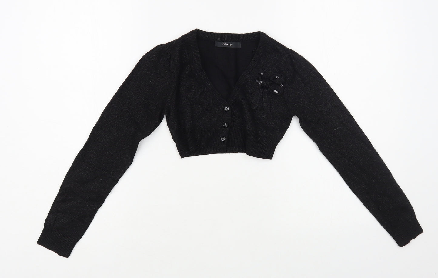 George Girls Black V-Neck Acrylic Shrug Jumper Size 7-8 Years Button