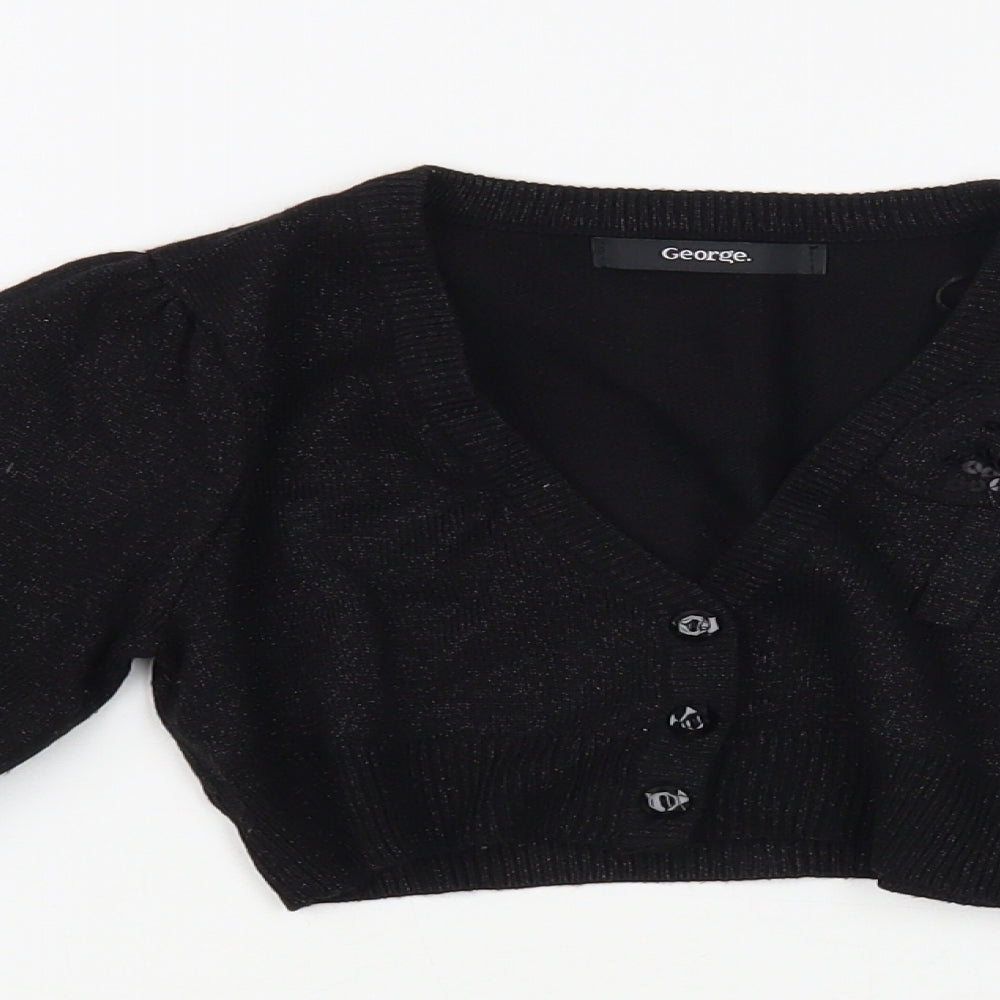 George Girls Black V-Neck Acrylic Shrug Jumper Size 7-8 Years Button