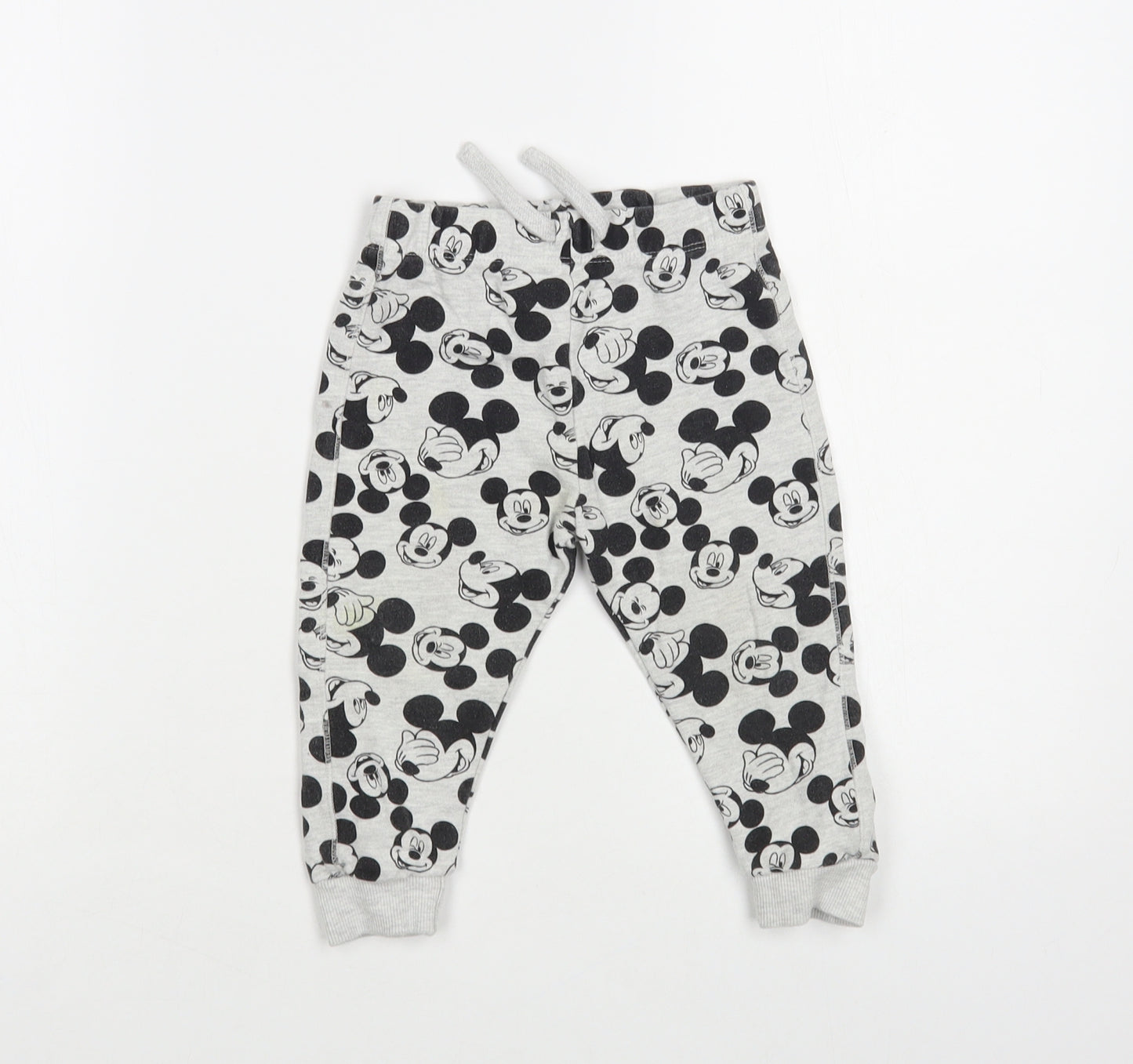 F&F Baby Grey Geometric Cotton Jogger Trousers Size 12-18 Months Drawstring - Mickey Mouse