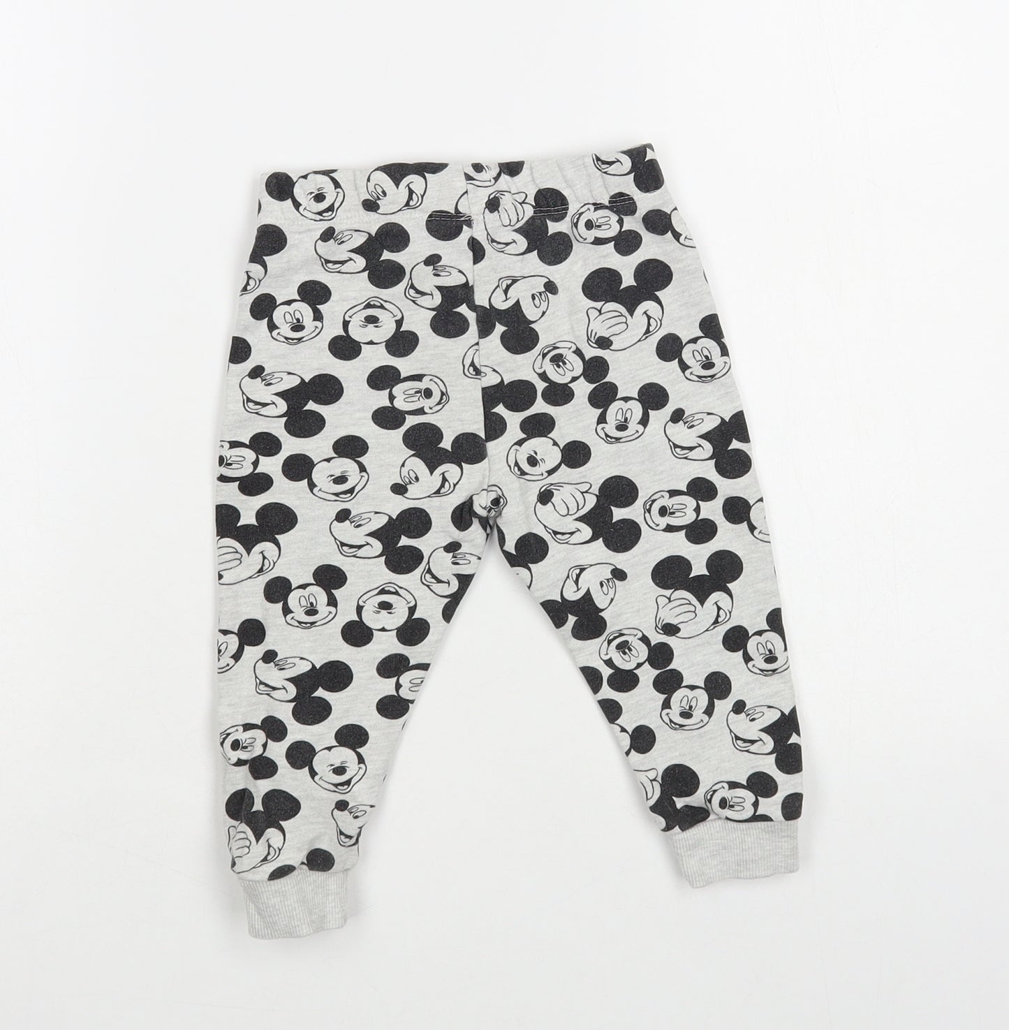 F&F Baby Grey Geometric Cotton Jogger Trousers Size 12-18 Months Drawstring - Mickey Mouse
