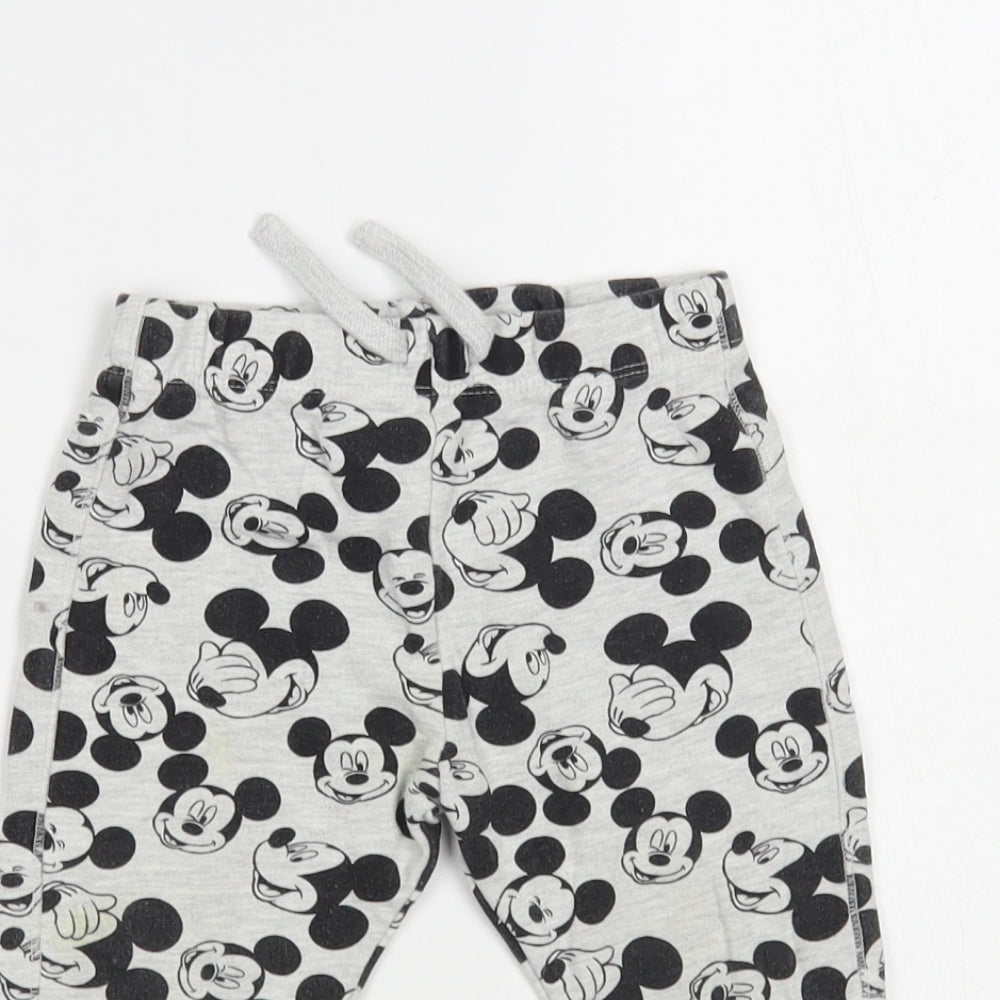 F&F Baby Grey Geometric Cotton Jogger Trousers Size 12-18 Months Drawstring - Mickey Mouse