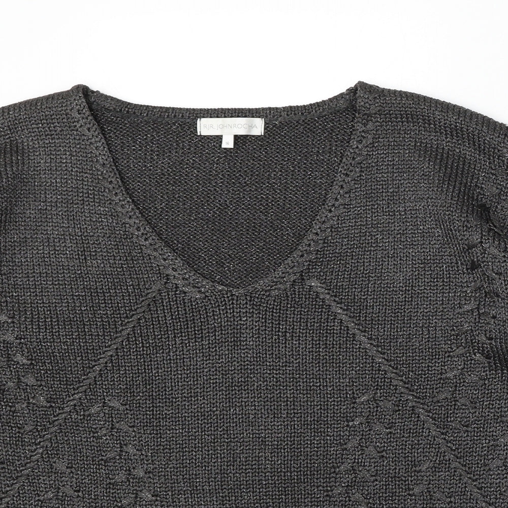 John Rocha Womens Silver V-Neck Polyester Pullover Jumper Size 16