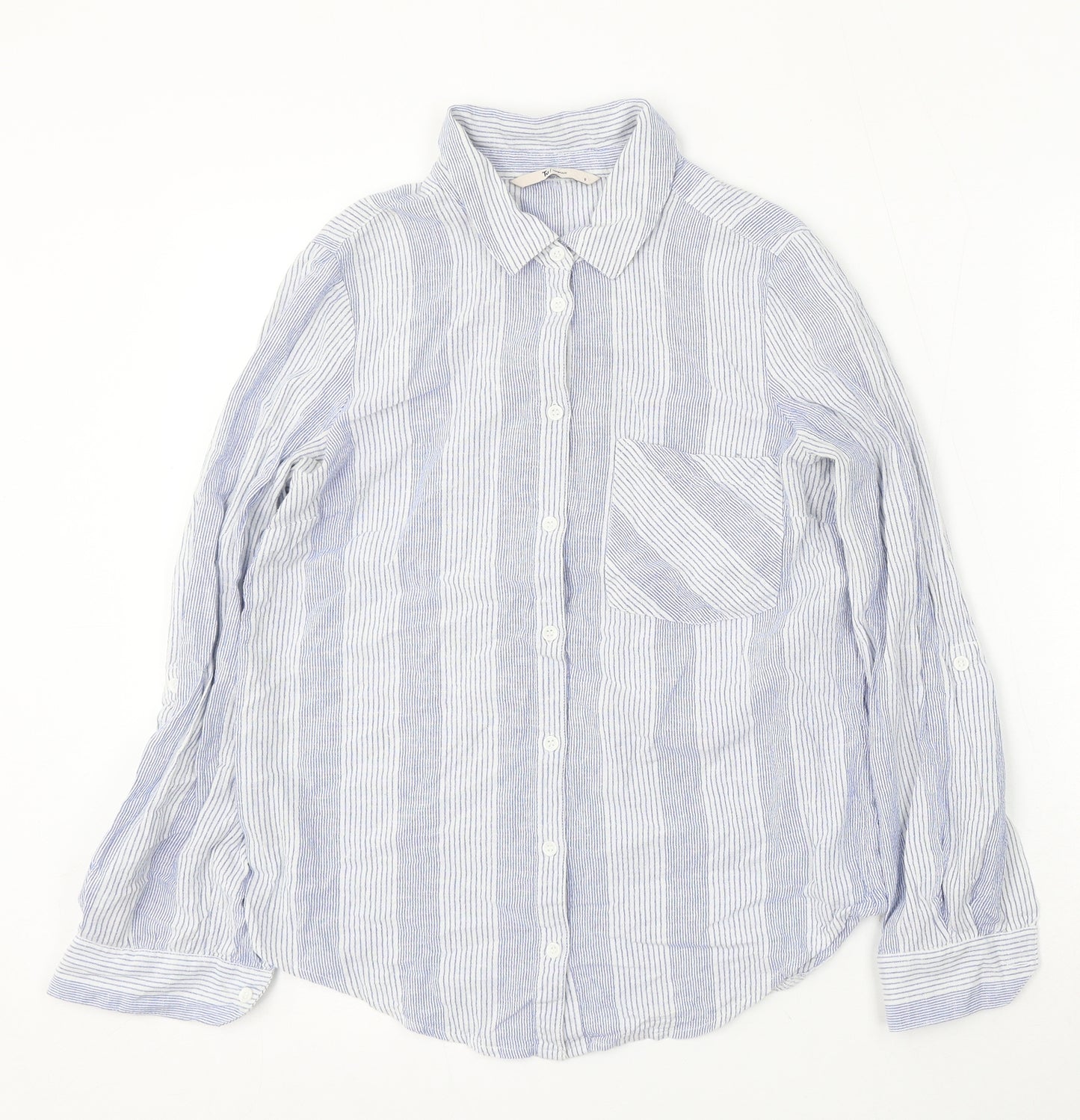 TU Womens Blue Striped Cotton Basic Button-Up Size 8 Collared