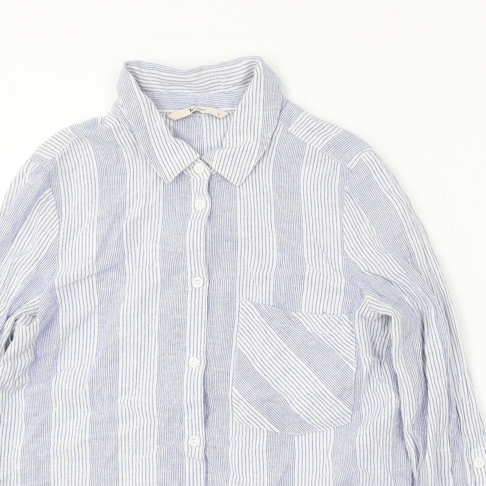 TU Womens Blue Striped Cotton Basic Button-Up Size 8 Collared