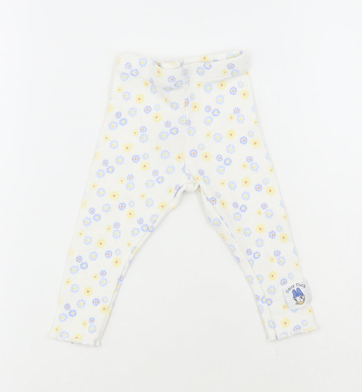 Primark White Floral Cotton Jogger Leggings Size 6-9 Months - Daisy Duck