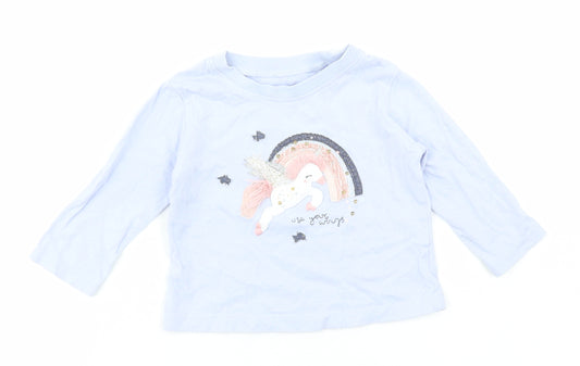 Front view of Next girls’ blue cotton basic t-shirt, size 6-9, months round neck