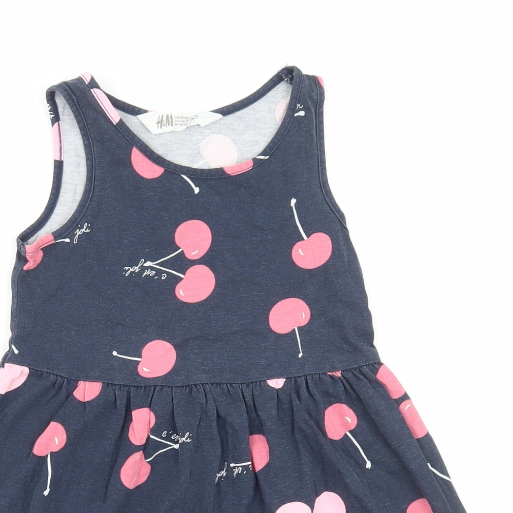 H&M Girls Blue Spotted Cotton Skater Dress Size 3-4 Years Round Neck