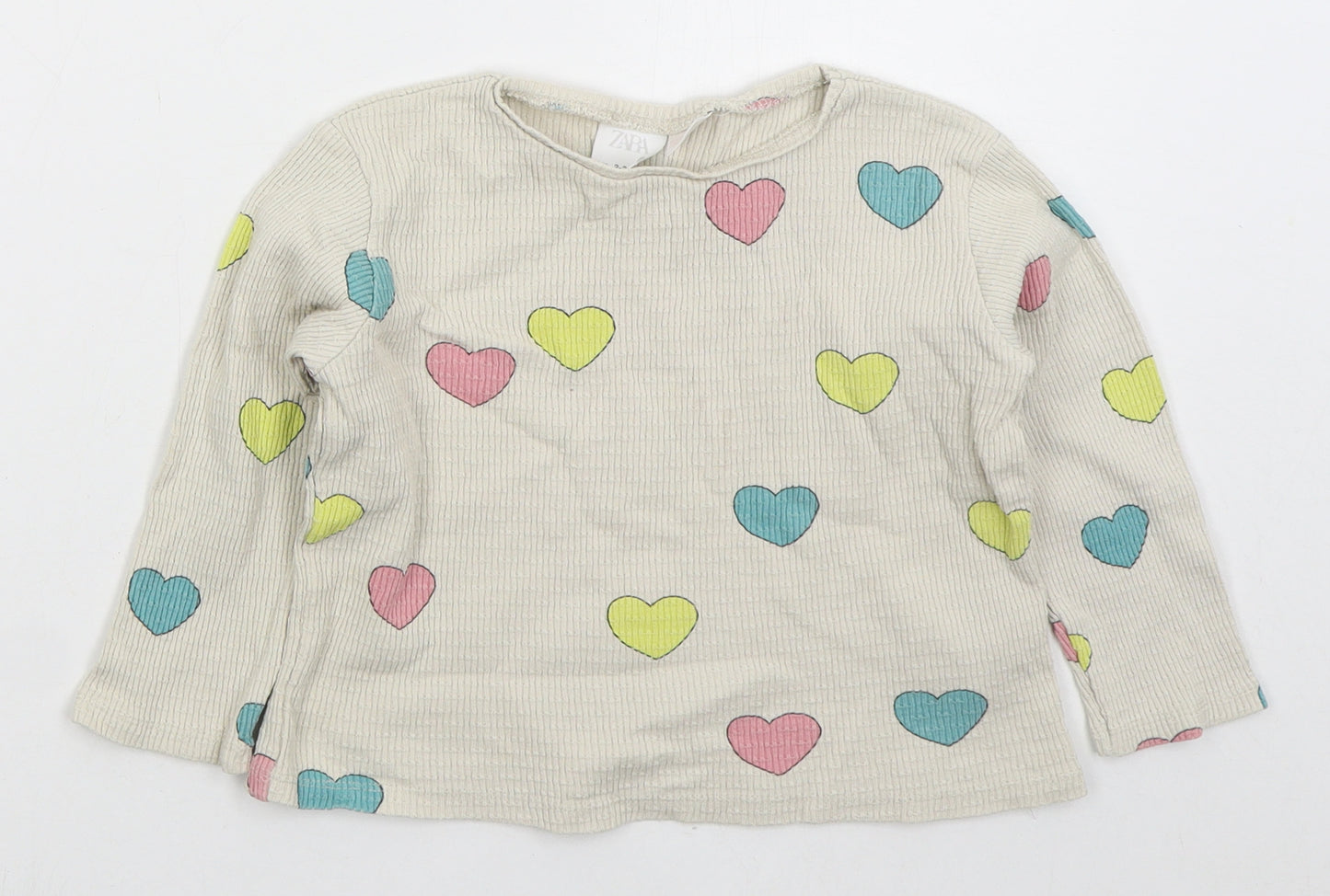 Zara Girls Beige Crew Neck Cotton Pullover Jumper Size 2-3 Years Pullover - Hearts