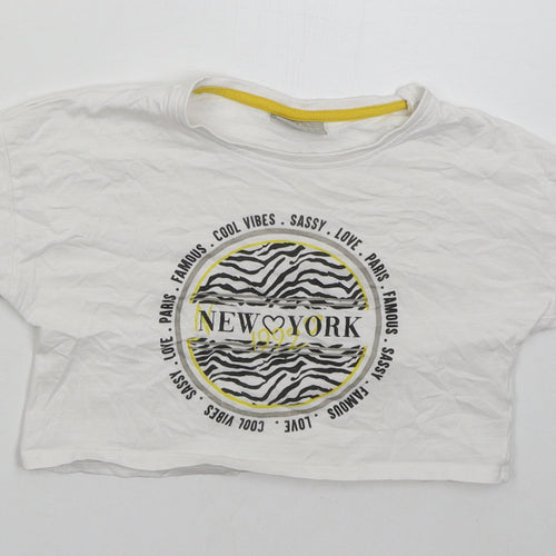 Matalan Girls White Cotton Cropped T-Shirt Size 9 Years Crew Neck Pullover - New York
