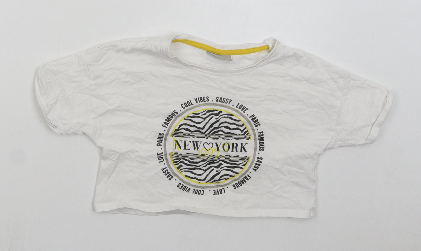 Matalan Girls White Cotton Cropped T-Shirt Size 9 Years Crew Neck Pullover - New York
