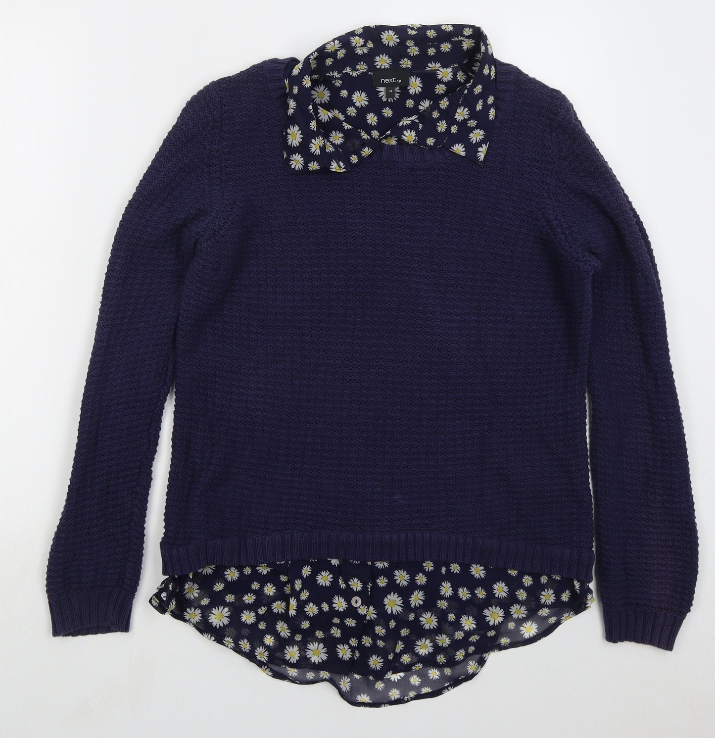 NEXT Womens Blue Collared Floral Cotton Pullover Jumper Size 14