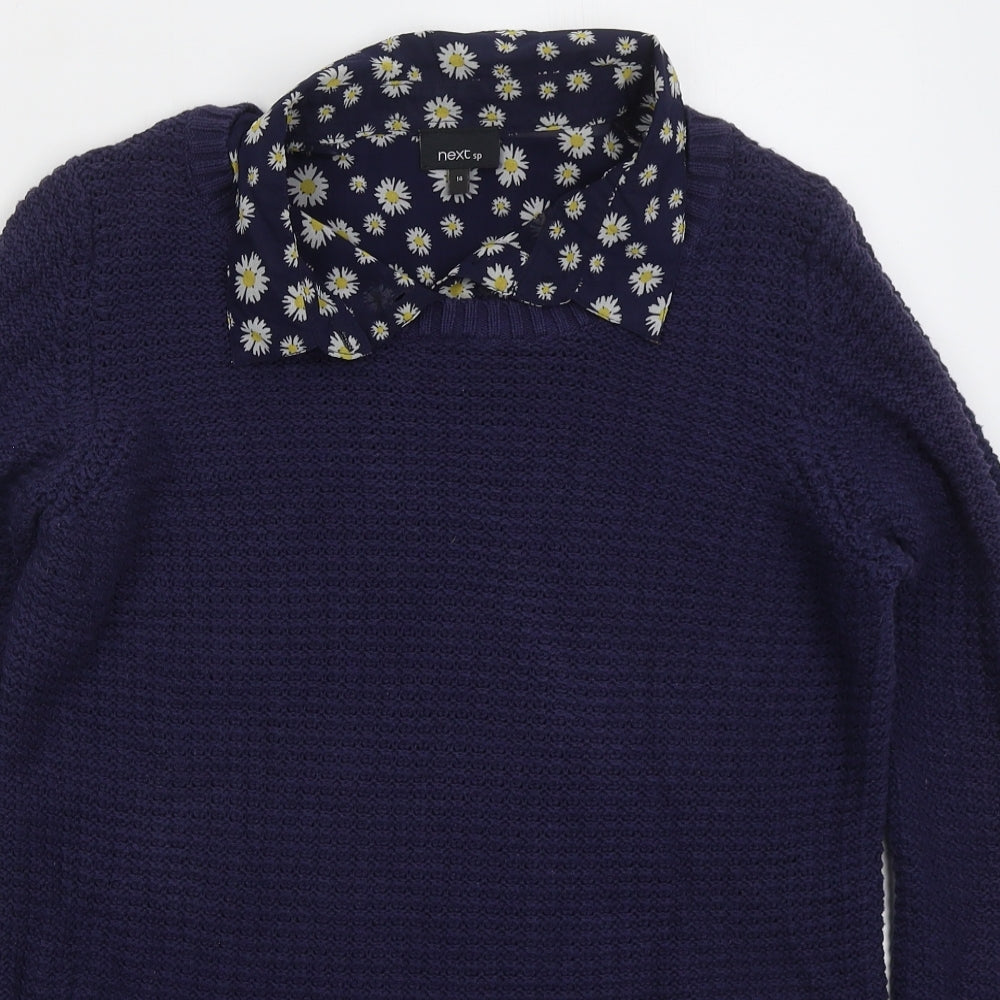 NEXT Womens Blue Collared Floral Cotton Pullover Jumper Size 14