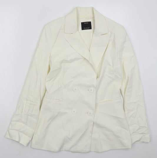 Front view of Bershka women’s white vinyl jacket suit jacket, size S