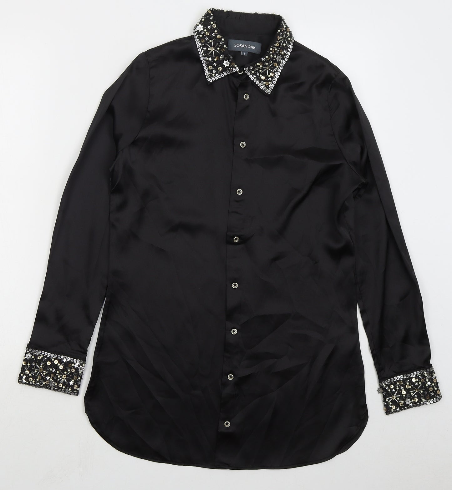 Sosandar Womens Black Polyester Basic Button-Up Size 8 Collared