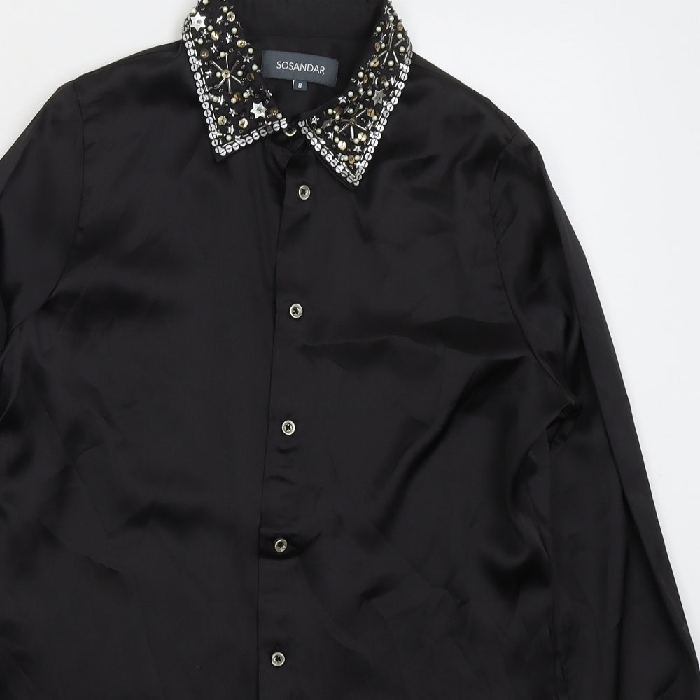 Sosandar Womens Black Polyester Basic Button-Up Size 8 Collared