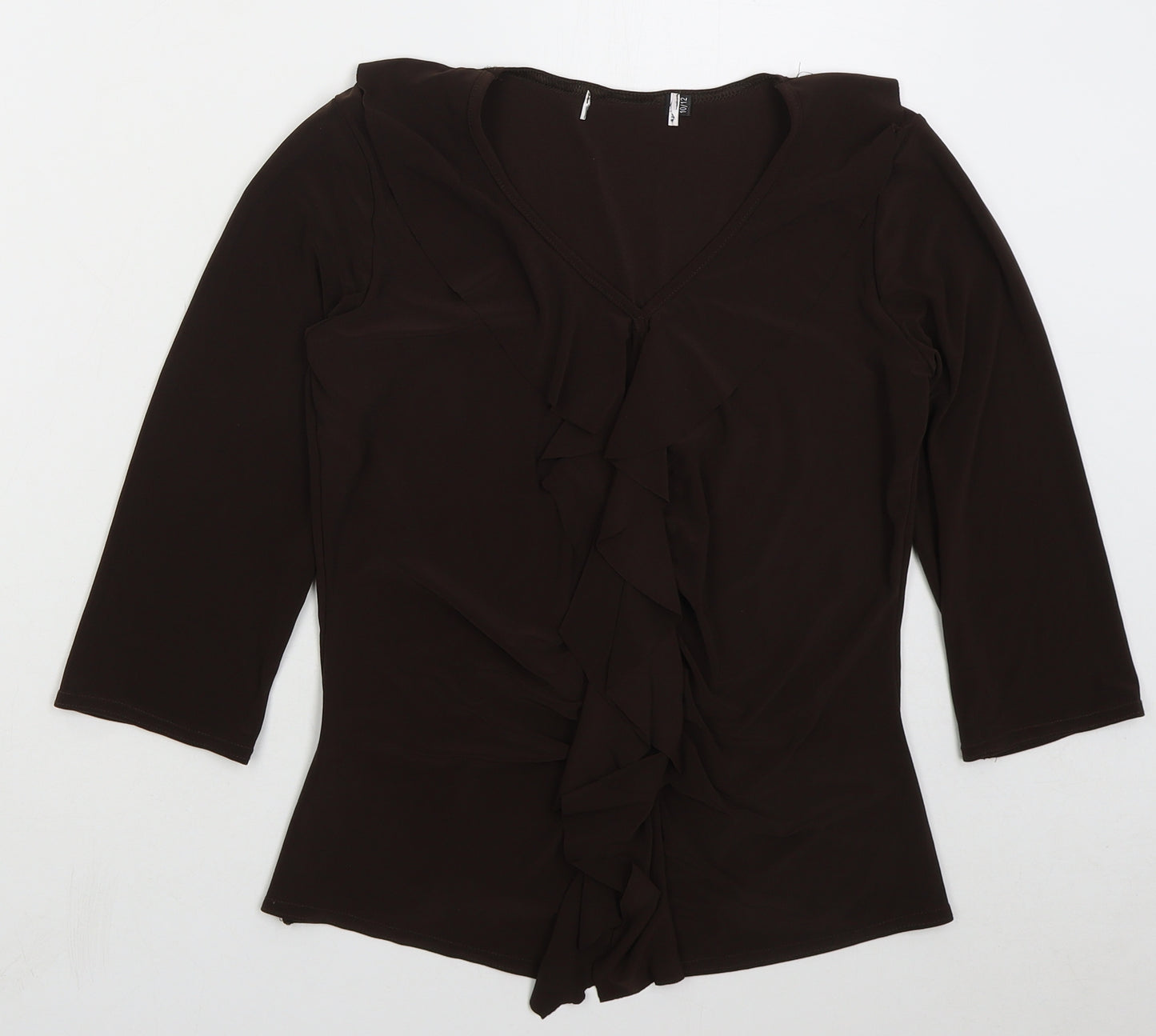 Preworn Womens Brown Polyester Basic Blouse Size 10 V-Neck