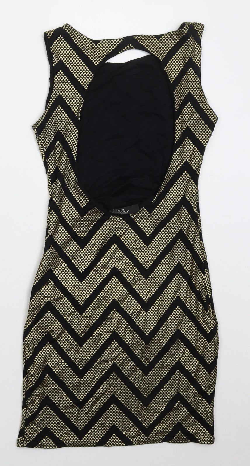 Jane Norman Womens Gold Geometric Viscose Mini Size 10 Boat Neck Pullover