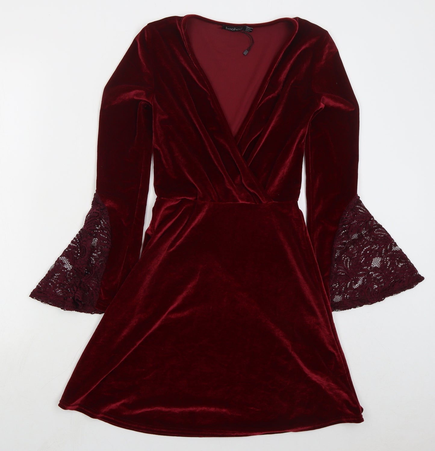 Boohoo Womens Red Polyester Skater Dress Size 8 V-Neck Pullover